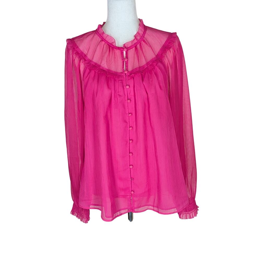 Ann Taylor Women's Hot Pink Long Sleeve Blouse Sheer Ruffles Button Down Size L